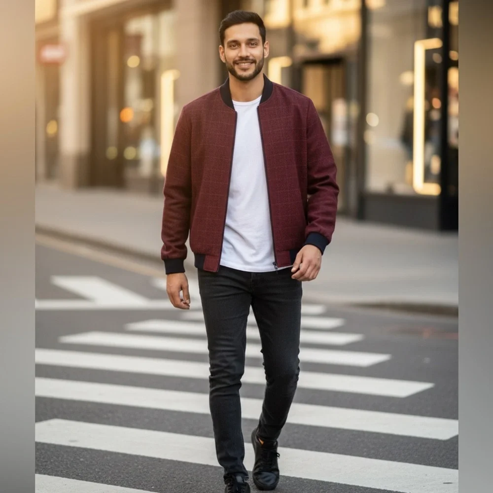 NWT Indigo Star Men’s Maroon Crimson Full Zip Bomber Jacket - Size Medium